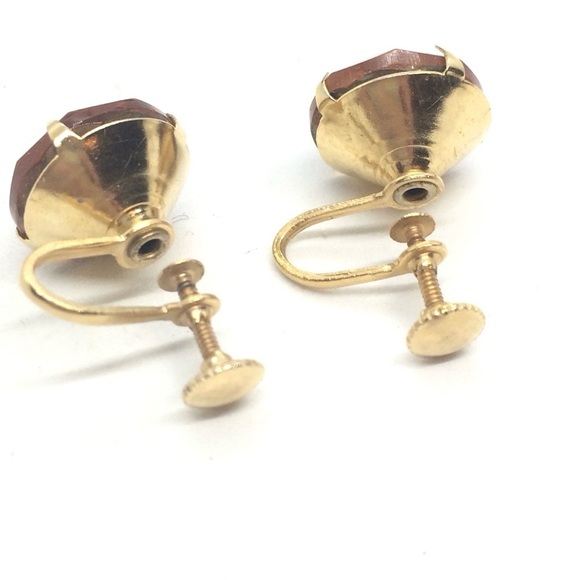 3/$30 VINTAGE AMBER COLOR GLASS SCREWBACK EARRINGS GOLD TONE CLIP RHINESTONE - Picture 9 of 16